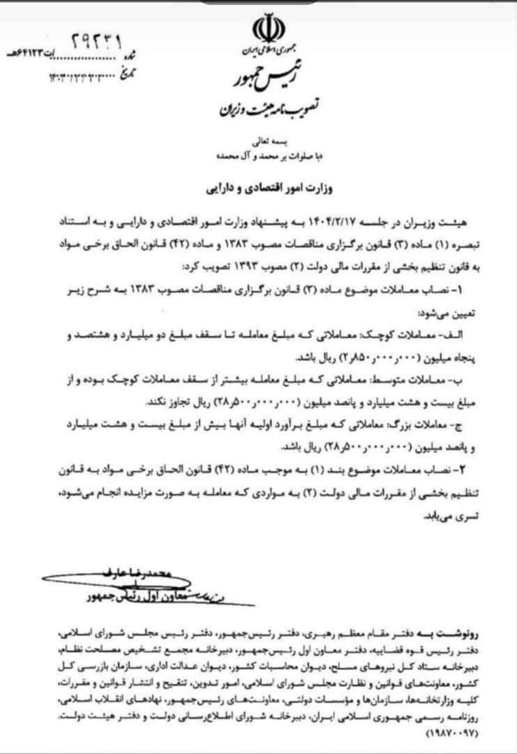 نصاب معاملات برگزاری مناقصات در سال ۱۴۰۴